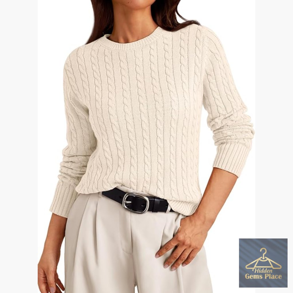 Lightweight Cable Knit Pullover Sweater, Business Casual, Crewneck, Long Sleeve